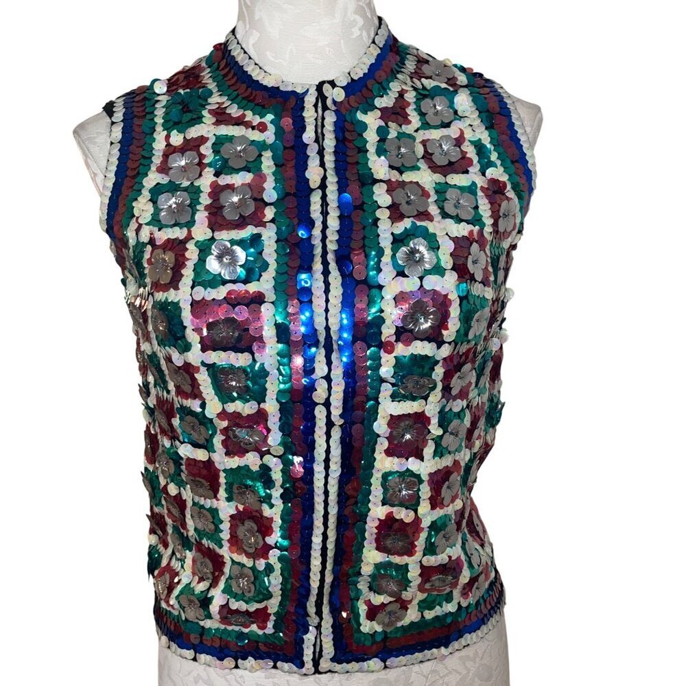Rosanna Vintage Womens Vest Size Small Multicolor Sequin Lined Knit Casual